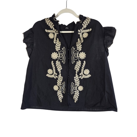 Unbranded Tops - Embroidered Blouse Womens 1XL Black Floral Ruffle Sleeve Boho Chic Top